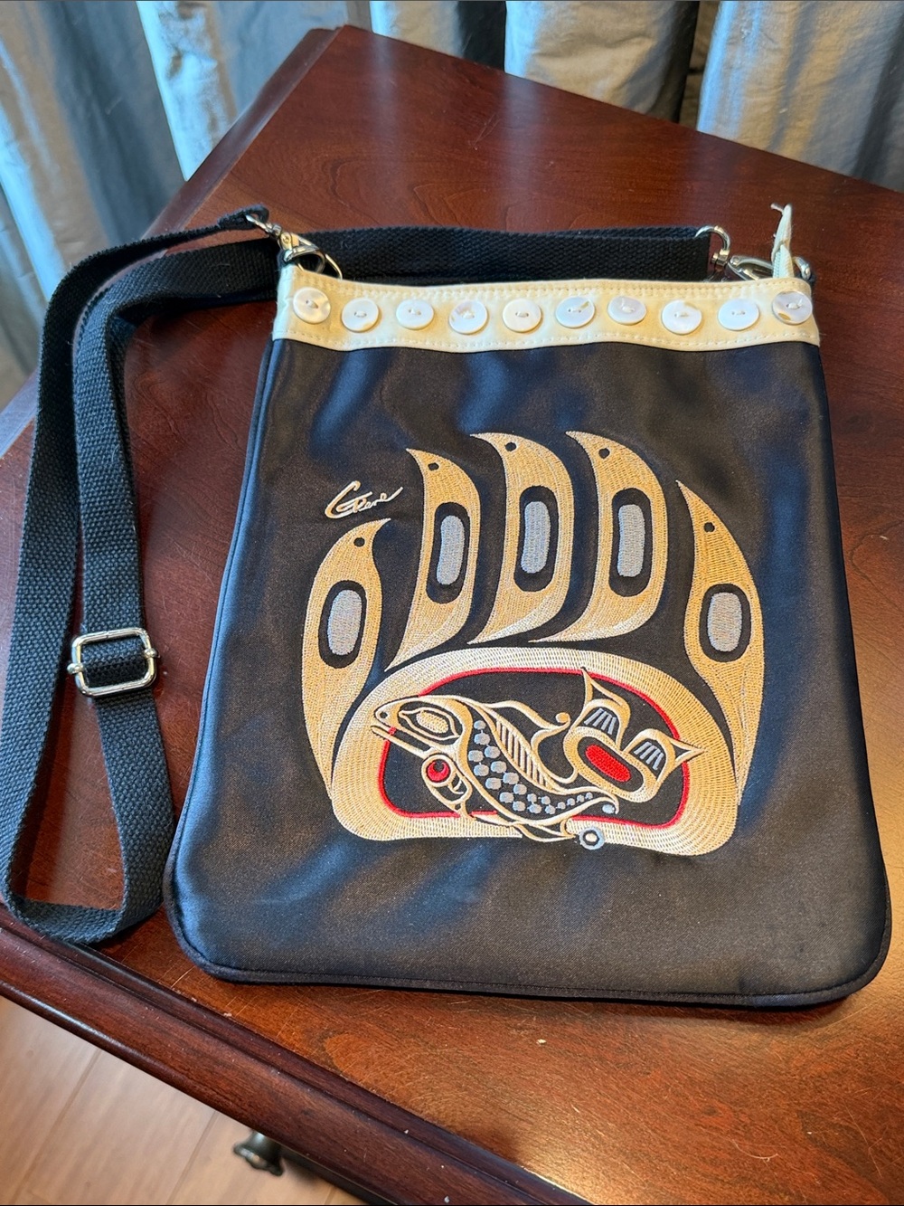 Black Crossbody Bag with Gold Native Art Accent